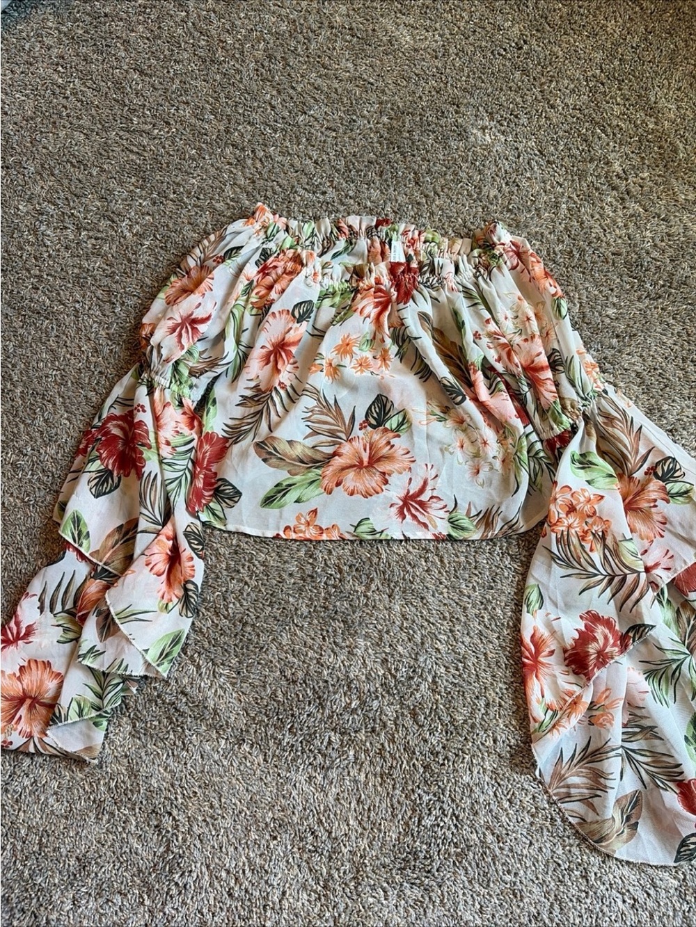 Live 4 Truth Cream Floral Off-Shoulder Crop Top with Coral and Green Print